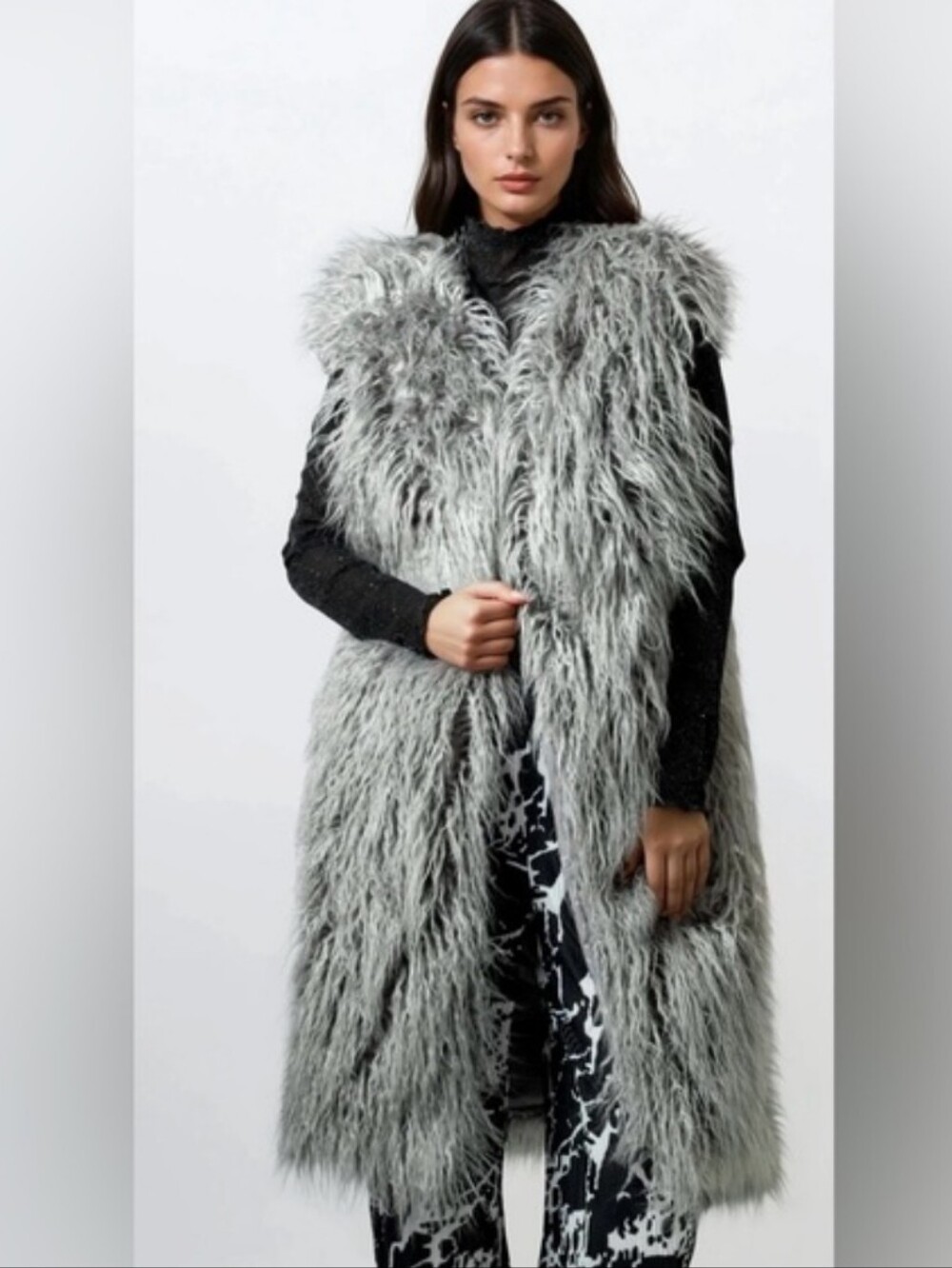 Anthropolgie Staring at Stars Long Grey Faux Fur Vest